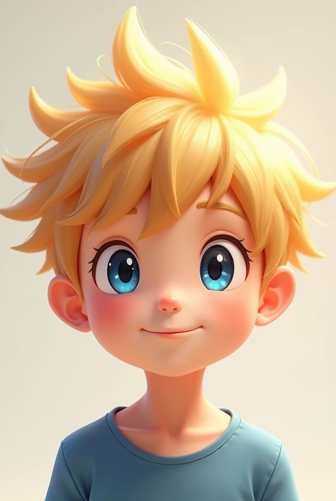 A young anime boy with blond hair that falls down to his spiky neck with blue eyes and a friendly smile.