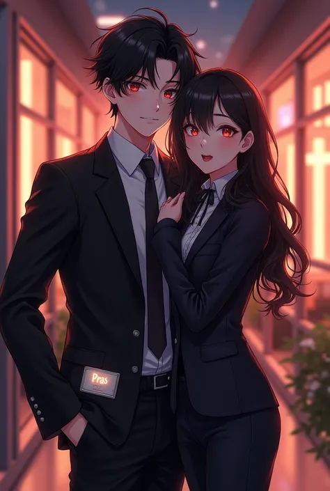 Create anime couple character:

{character 1: {background HD: night}, white skin,
realistic, HDR, handsome, korean style, full body, age 20, Officw Clotes name card: “Pras”, glow light, male, dark black hair, dark red eye, use glasses}

{character 2: {back...