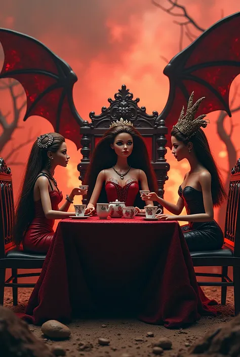 Barbie queen of hell winged medusa next to her next to Eva having tea 
