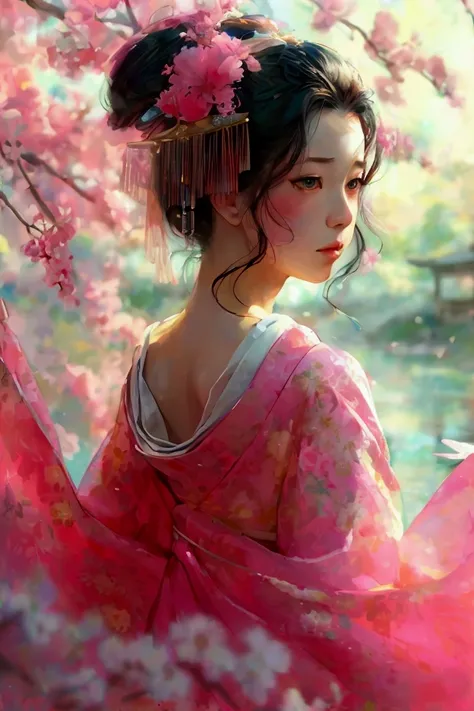 Watercolor style of an Edo period Japanese princess from the upper body, with pink fabric flowing around her. Her expression is serene and elegant, capturing the traditional beauty and grace.