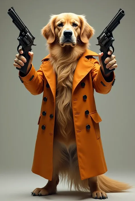 A Golden retriever wearing a orange Mens Casual Mid-Length Casual Trench Coat. Welding two revolvers. 