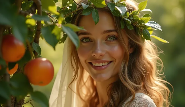 Descreva uma imagem de Eves laughing while hiding between fruits trees of apples and oranges in the enchanting garden of Eden with. Eve is in her mid 20s, emerald color eyes, extremey beautiful, long light brown hair, dressed in leaves. emanating a divine ...