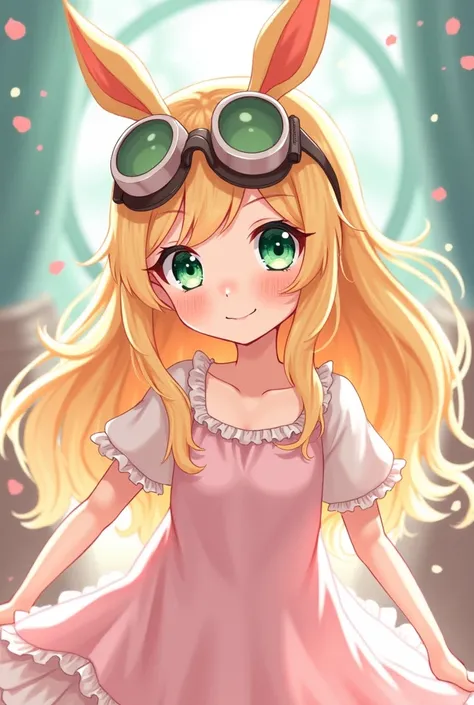 Digital illustration of an anime girl character. Cute  with long blonde hair, green eyes, cute smile, sweet face, red cheeks, 2, wearing a dress, wearing a mask, and a dance background.