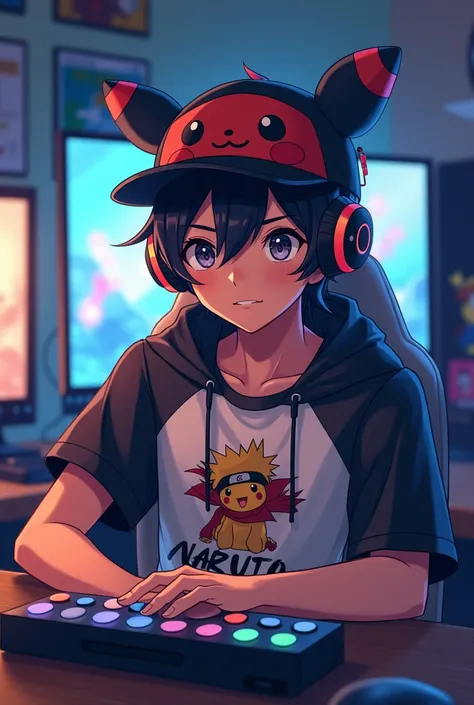 male character, anime styling, Bblack hair, bonitas, brunette skin, eyes black, with a Pokémon Poké Ball hat, with naruto shippuden anime t-shirt, in a gamer room with anime on the computer