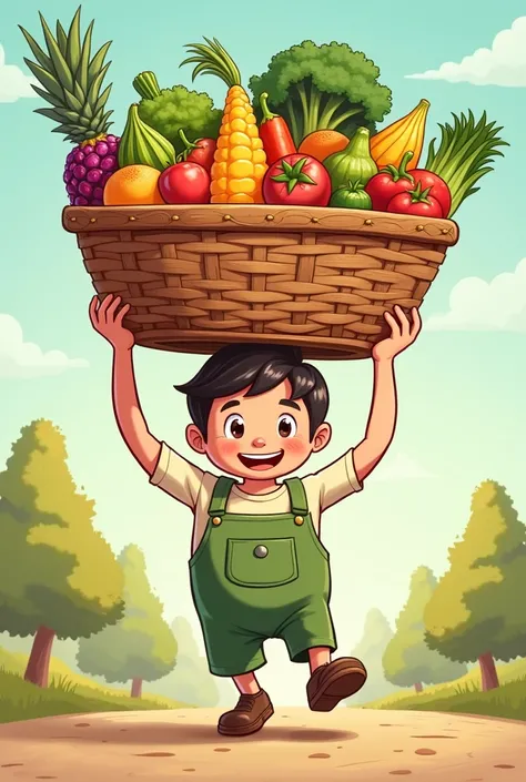 Cartoon human figure Carrying a basket full of foods above its head