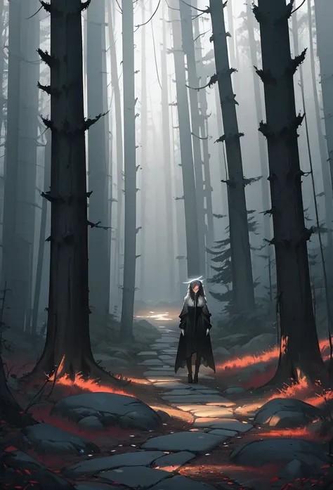 masterpiece of nature in 4K quality, featuring a realistic forest with dry and broken trees, heavy and shimmering fog, a stone path flowing through the scene, and a woman in black sexy clothing, has a halo on her head; gray color temperature, sunless weath...