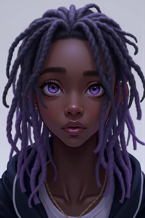 Boy with grayish purple dreadlocks, Dark skin and grayish purple eyes, age between 15-18 years 
