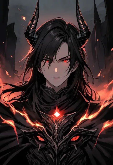 make a picture of Morgoths face: the dark lord has the following characteristics: handsome like a 1 asian youth , has long black hair, red eyes, wears dark armor with horns, wears a dark cloak, make a picture, make the aura scary , fierce and strong