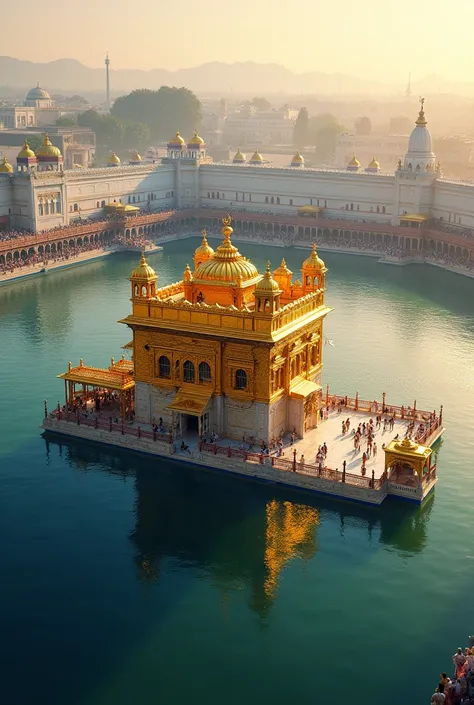 (photorealism:1.2), a holy golden temple amritsar from bird eye view 