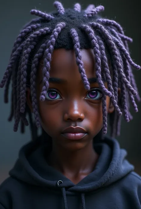 Boy with grayish purple dreadlocks and semi-short hair, Dark skin and grayish purple eyes, age between 15-18 years 
