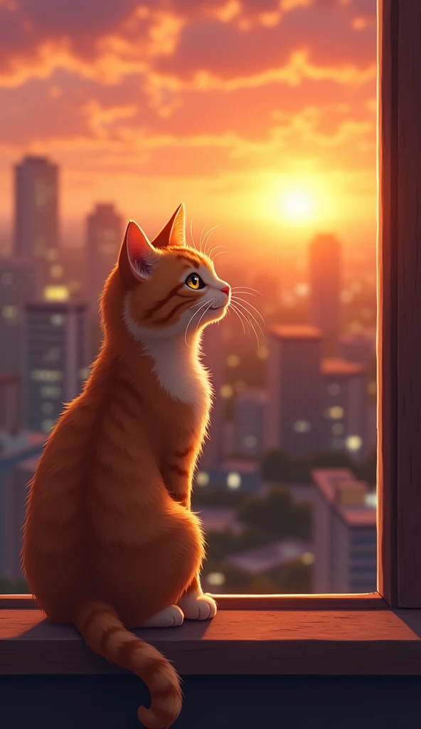 An orange cat sits quietly watching the sunset., city view