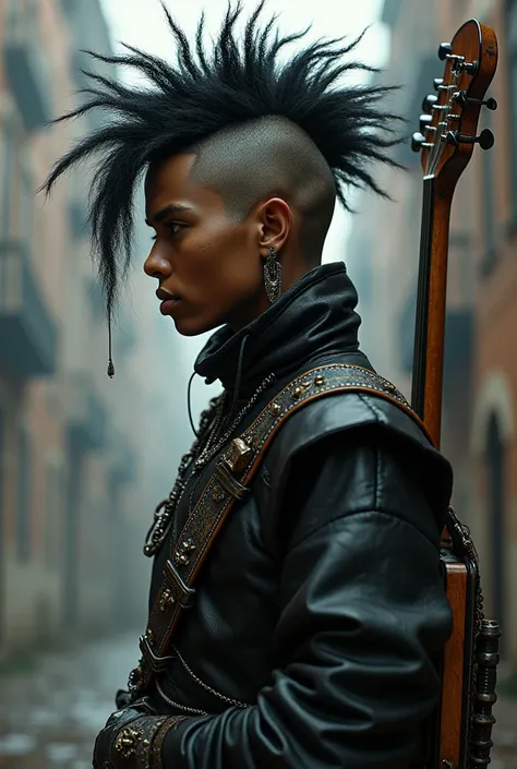 Create me a punk with a mohawk. This punk wears medieval clothes, but at the same time kind of futuristic. he is black, and in his hair, These are guitar strings that form this mohawk. He wears a guitar on his back like a Madmax guitar
