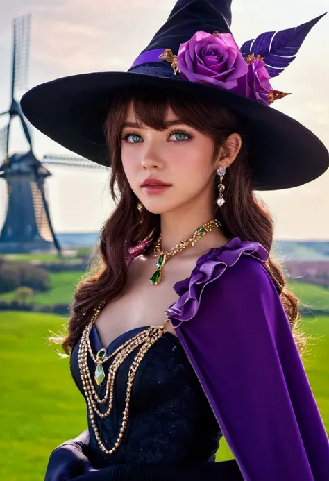 Beautiful girl, Perfect Face, Arms at your sides, masterpiece, Ultra-high resolution, high quality, 4K, Upper Body:1.5,  Lisa (Genshin Impact), urple witch hat, Green Eyes, Brown Hair, (Pure Eros Face_v1:0.008), (European:1.6), bangs, dress, Rose, jewelry,...