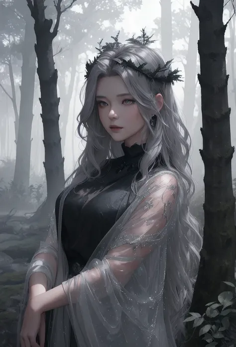 masterpiece of nature in 4K quality, featuring a realistic forest with dry and broken trees, heavy and shimmering fog, a stone path flowing through the scene, and a woman in black sexy clothing, has a halo on her head; gray color temperature, sunless weath...