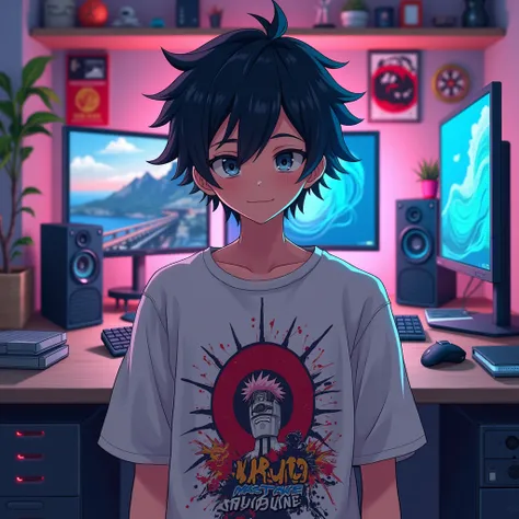 male character, anime styling, Bblack hair, bonitas, brunette skin, black eye, with naruto shippuden anime t-shirt, in a gamer room