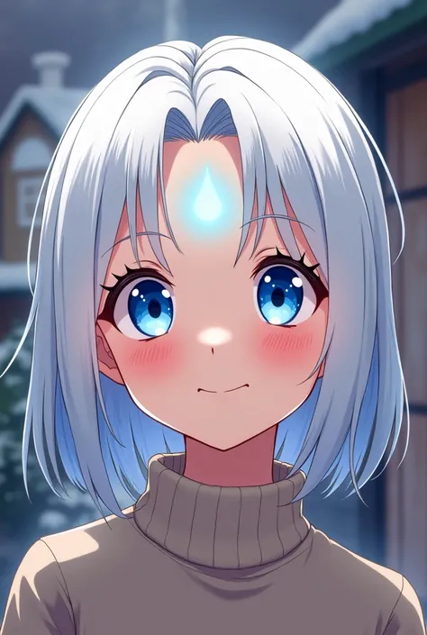 A young girl . 17 years a big smile. white hair blue eyes, nice in a room. This girl has a blue dot on her forehead. It is white. highlights your eyes. in anime style with clothes for the cold. 