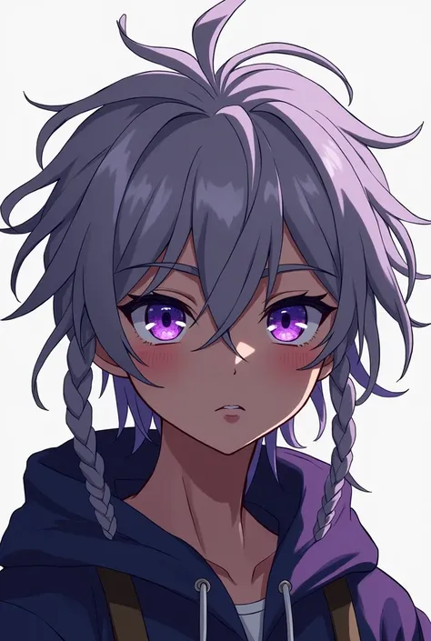 Boy with visibly marked dreadlocks, semi-short grayish purple hair and grayish purple eyes, age between 16-1 and dark skin anime