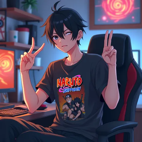 male character, anime styling, Bblack hair, short hair combed back, bonitas, brunette skin, black eye, with naruto shippuden anime t-shirt, in a gamer room, making the sign of two with your hand