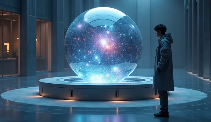 a young man in futuristic clothes, next to the young man is a pedestal with a small crystal sphere with mini galaxies floating around the small sphere