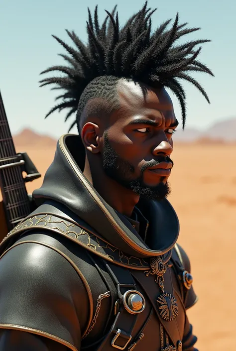 Create me a male punk with a mohawk. This punk wears medieval clothes, but at the same time kind of futuristic. he is black, and he has no hair per se but , There are amplifier wires at the ends that form this mohawk. He wears a guitar on his back like a M...