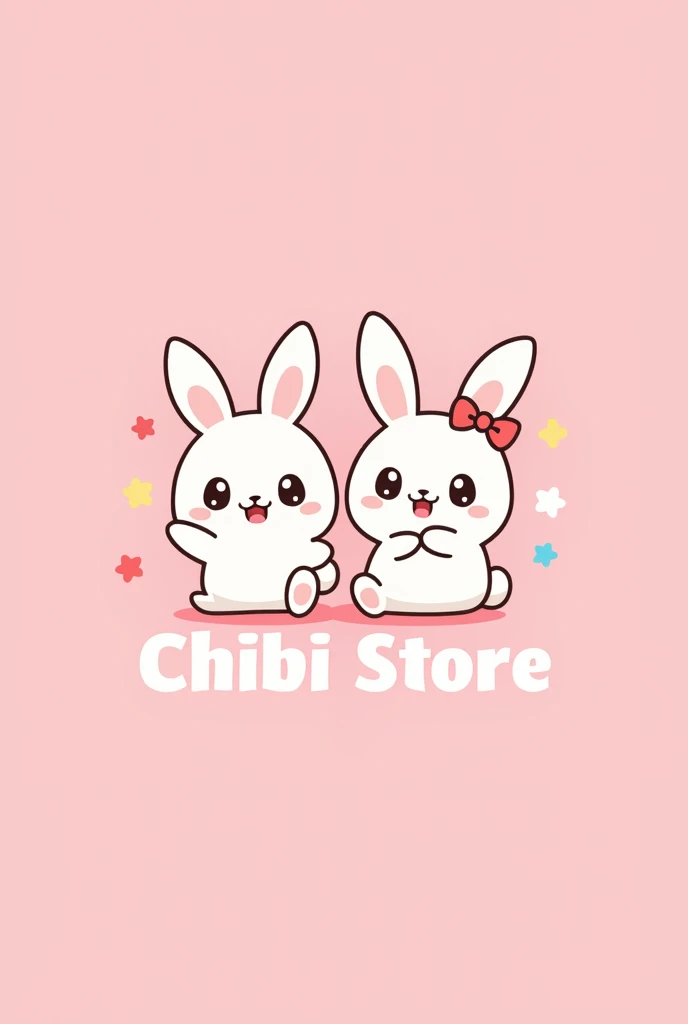 Logo for sales page with the word CHIBI STORE with white and pink background decorated with Kawai rabbits 