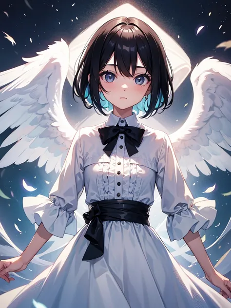 1girl, Portrait, slender petite body, black hair, angel, white dress