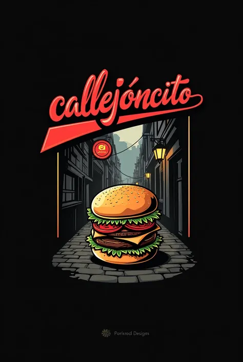 I want a logo for my business with a hamburger and an alley called El CALLEJÓNCITO with a sign that says EL CALLEJÓNCITO with a black, red and white background 