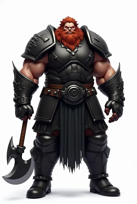 huge man, bruta, ogre, greenskin, russet hair, eerie glowing red eyes, age 25 , armor black , muscle, Metal axe in hand, bandit warrior, fundo branco corpo inteiro , anime styling , medieval vin diesel full armor