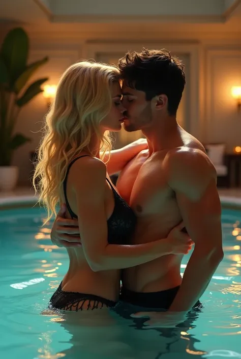 picture of two hot teenage guy around 20 years old, tall, both have six pack, first guy with black hair, another guy with blond hair, both guy is kissing a 30 year old women, cute face, brunette, height around 165 cm., in the luxury in-door pool.