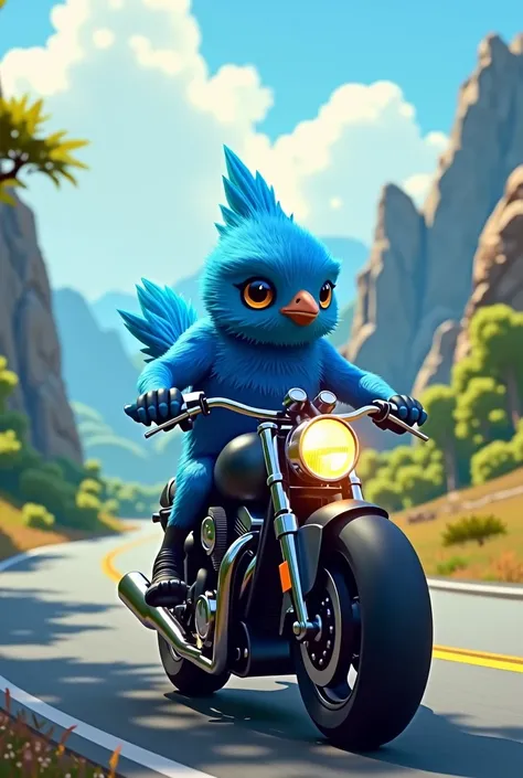 Blue bird on a motorcycle
