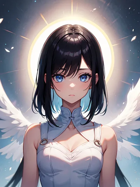 1girl, Portrait, slender petite body, black hair, angel, white dress