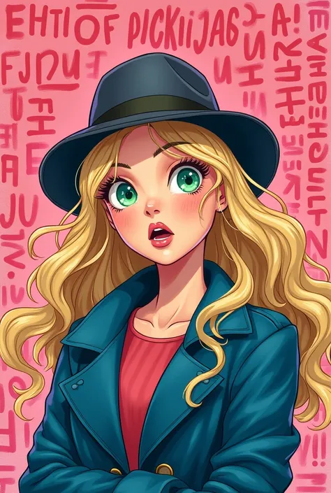 The image is an illustration of a young woman with blonde hair and green eyes. She is wearing a hat and a blue coat. She is shown with a surprised expression and her eyes are wide open. In the background, there are several texts written in pink that form d...