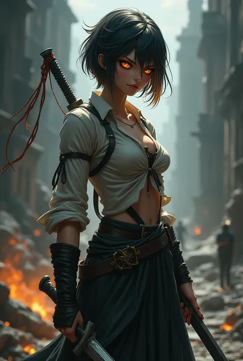 character, 20 year old female, athletic build, with short black hair with light brown tips, amber eyes, Demon Slayer