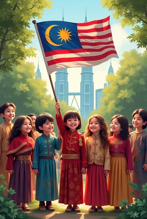 Malay traditional kids wear baju kurung with hood,Chinese tradisional kids wear ceongsam and Indian tradisional kids wear sari raising flag Malaysia
