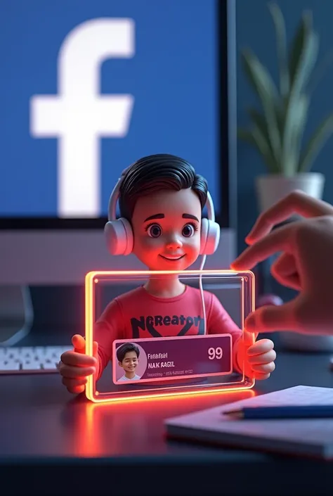 Create a glass id card of a Facebook profile placed on a black desk,  that shows the large Facebook logo, create a 3D illustration of a indonesian boy with cut hair, You must wear a red blouse with the phrase NR Creator printed in black and a white headset...