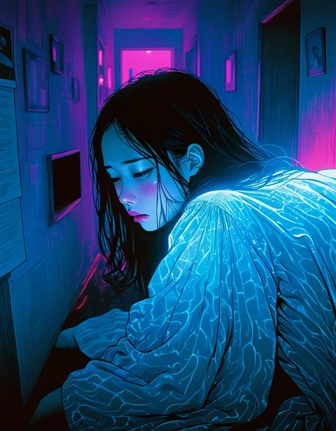 Surrealistic horror, Animation style, Director Junji Ito, High contrast, Vivid colors, Eerie atmosphere, Psychological tension, Complex line drawing, Ghost story, Horror elements, Grieving woman (alone), Dimly lit room, Heartbroken woman (shedding tears)