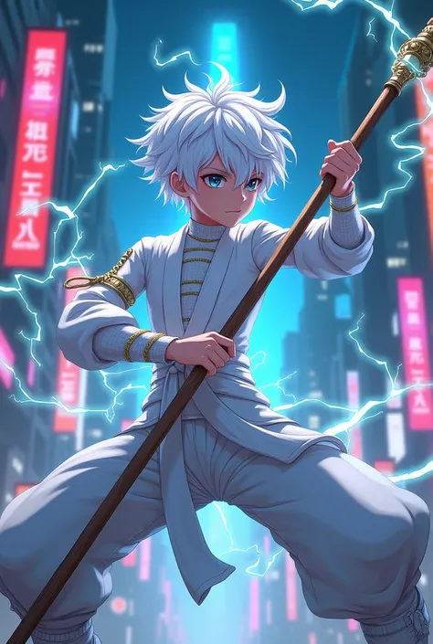 Create an anime style electric albino human boy with a bo staff