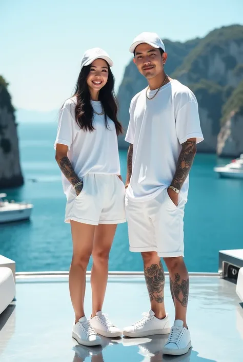 8K photo of a tattooed Korean couple wearing white shirts, white shorts, white shoes, and a white baseball cap, standing on a silver deck or platform with a smiling face facing the camera, The background is a vast ocean with towering islands and several lu...