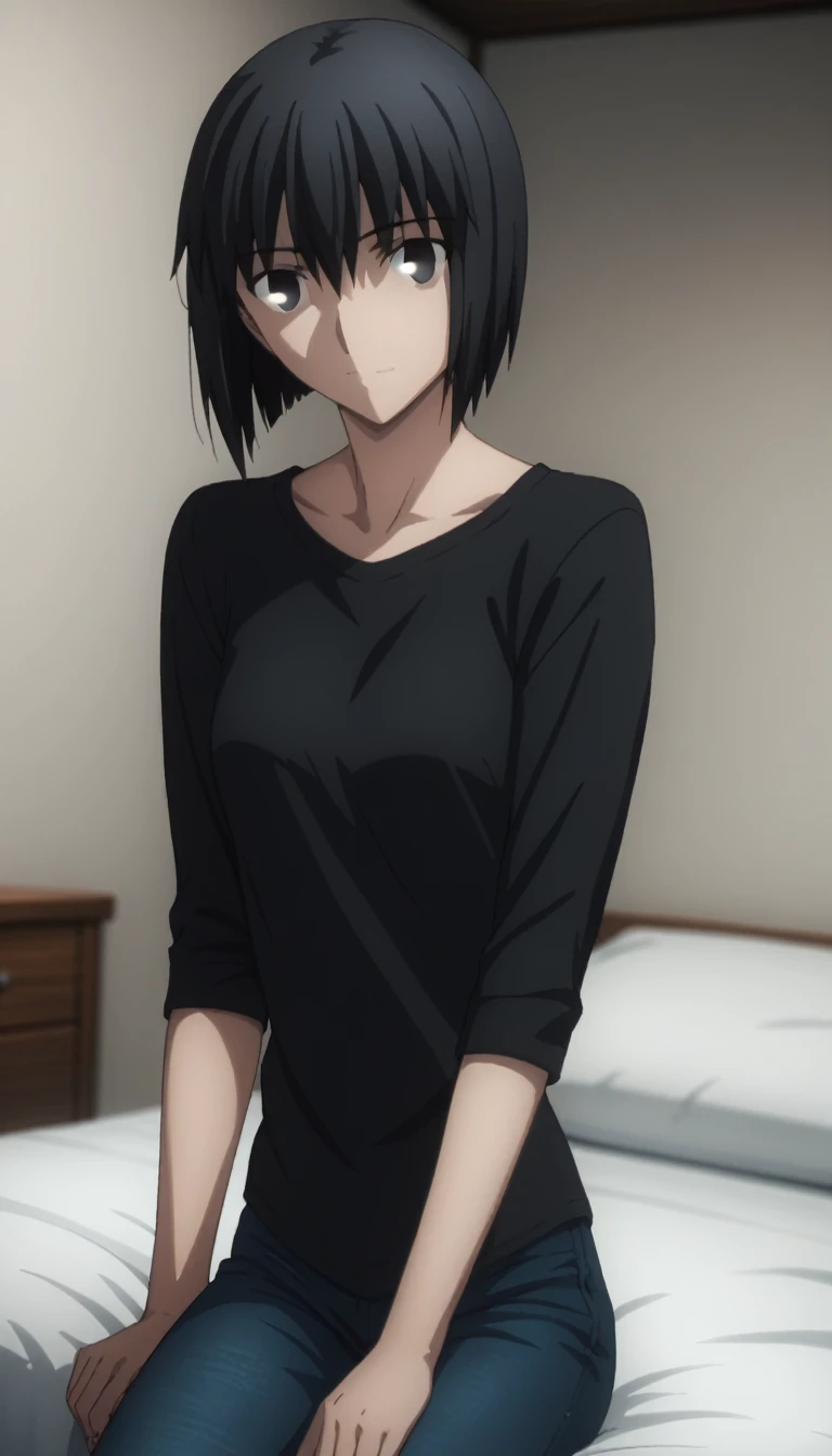 sauce_anime, ambient light,
fsn_ubw_style, 1girl ,tall girl, straight hair ,bob cut hair, black hair, deep black eyes, hair between eyes, perfect eyes , Perfect face, expressive eyes, close up face:0.2 ,  
(undress black shirt),, detailed denim pants, (sle...