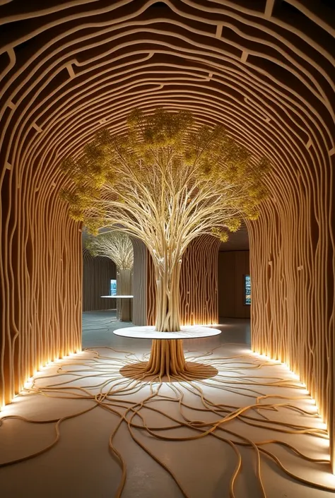 Curved maze patterned display for retail store with a tree lighting that spreads over the ceiling from floor level