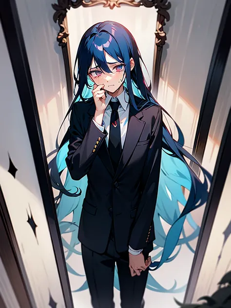 Anime boy, crimson eyes, detailed eyes, long eyelashes, dark blue hair; long flowy hair, shoulder-length hair, black suit, white collared shirt, black tie, crying, tears in eyes, tears streaking down cheeks, sad, guilty, regretful, tired, exhausted, eyes c...