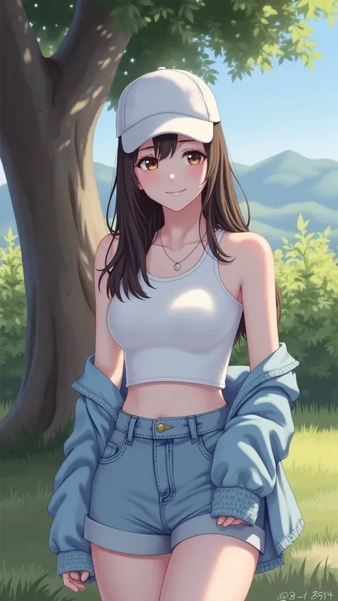 sitting, white tank top, light blue denim shorts, light blue jacket draped over shoulders, white cap, long straight hair, minimalist silver necklace, casual pose, looking into the distance, smooth skin, outdoor natural scenery with trees and greenery, brig...