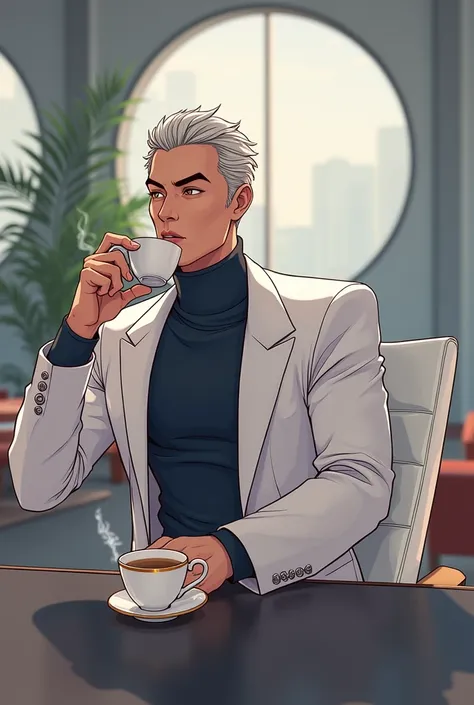 Draw manhua, male, age 36, Handsome,orange speed, orange to yellow eyes, wear white business suit,sit and drink tea, calculate charm 