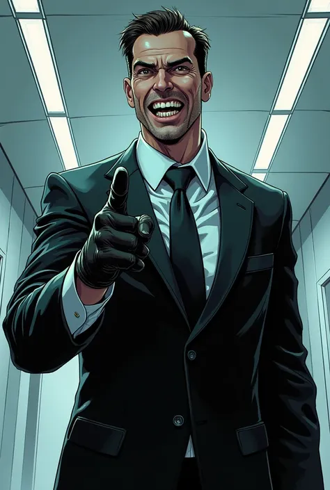 Man with a sadistic smile, wearing a suit pointing at the screen, comic drawing