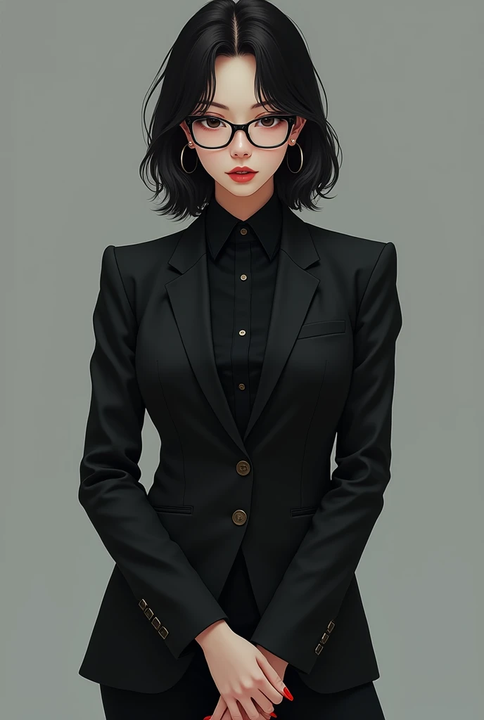 Facing forward, female in her 20s, Japanese, devilish, intelligent, square glasses, full body, stylish suit, hands clasped in front, no jutting jawline 