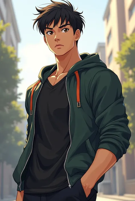 a tall, athletic 1 asian boy with a muscular build, short dark hair, and intense brown eyes. He should be dressed in a stylish school uniform or casual wear, exuding confidence and strength.
