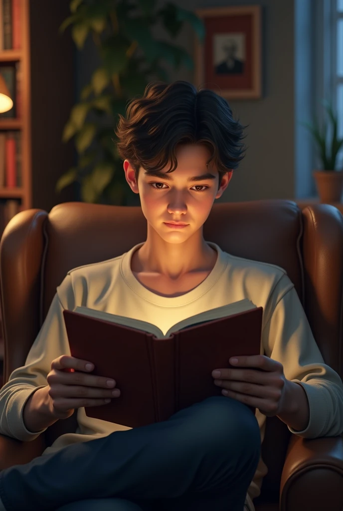 A 20 years old boy. Sit-down on the chair and reading book .see boy face clearly
