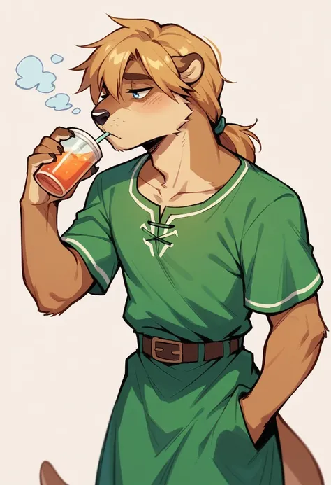 otter, tired, drinking a coffe, dress like link