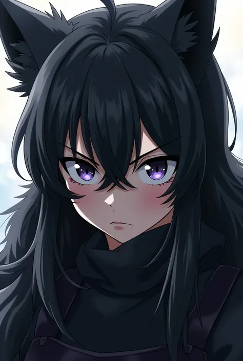 young  cold look. It reflects a lot of seriousness and determination. long black fur. with a few hairs covering his forehead. He has a scar on his eyebrow, dressed in a black apron that covers him up to his neck. anime style