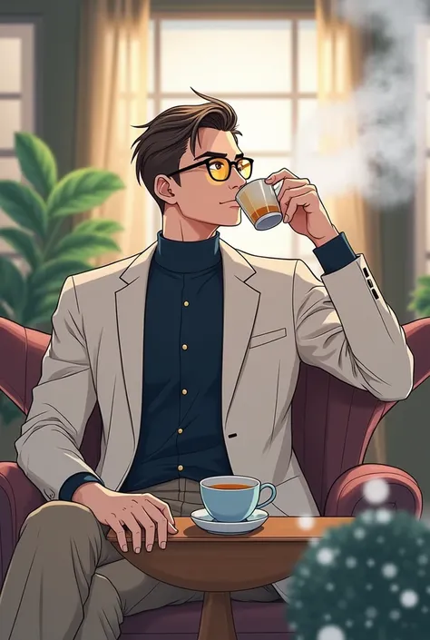 Draw manhua, male, young 35, Handsome,orange speed, orange to yellow eyes, wear business suit, wear glasses, sit and drink tea, 